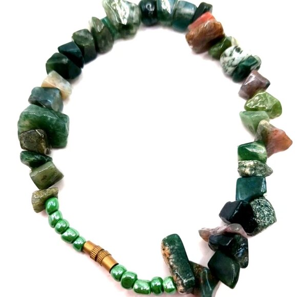 Green Aventurine Chip Beaded  Bracelet + Black Stone Sterchy Bracelet - Picture 8 of 9